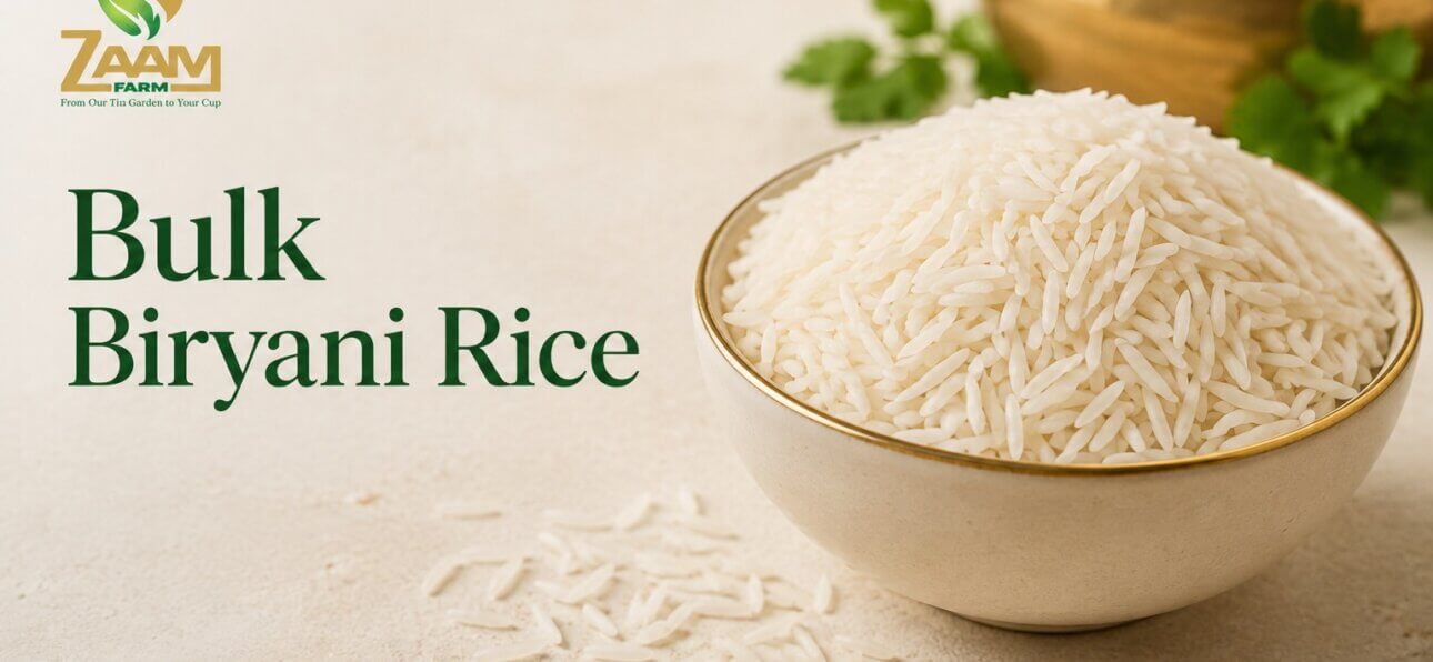 Bowl of premium long grain bulk biryani rice with ZAAV Farm branding.