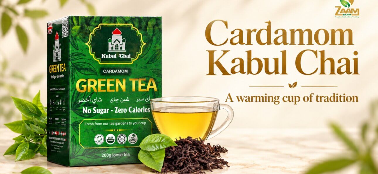 Cardamom Kabul Chai green tea with cardamom, tea cup and fresh tea leaves